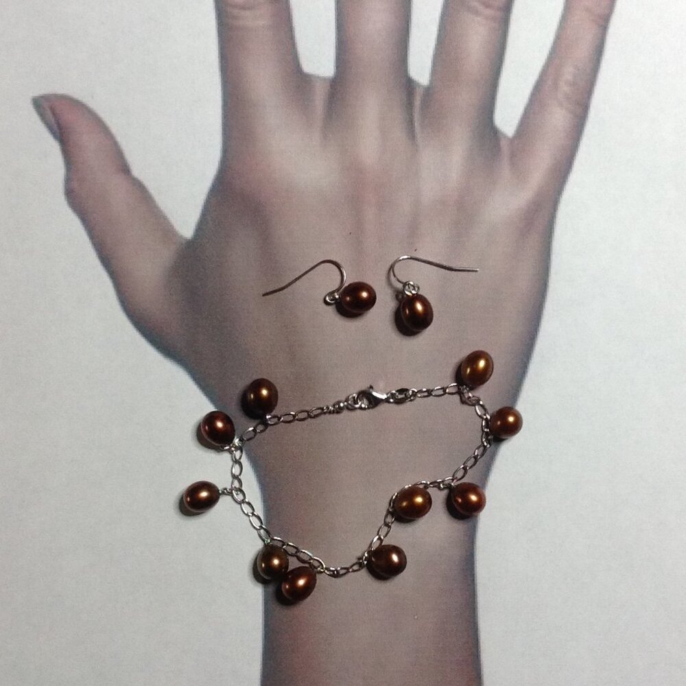 Brown Freshwater Drop Pearl Bracelet and Earrings Set